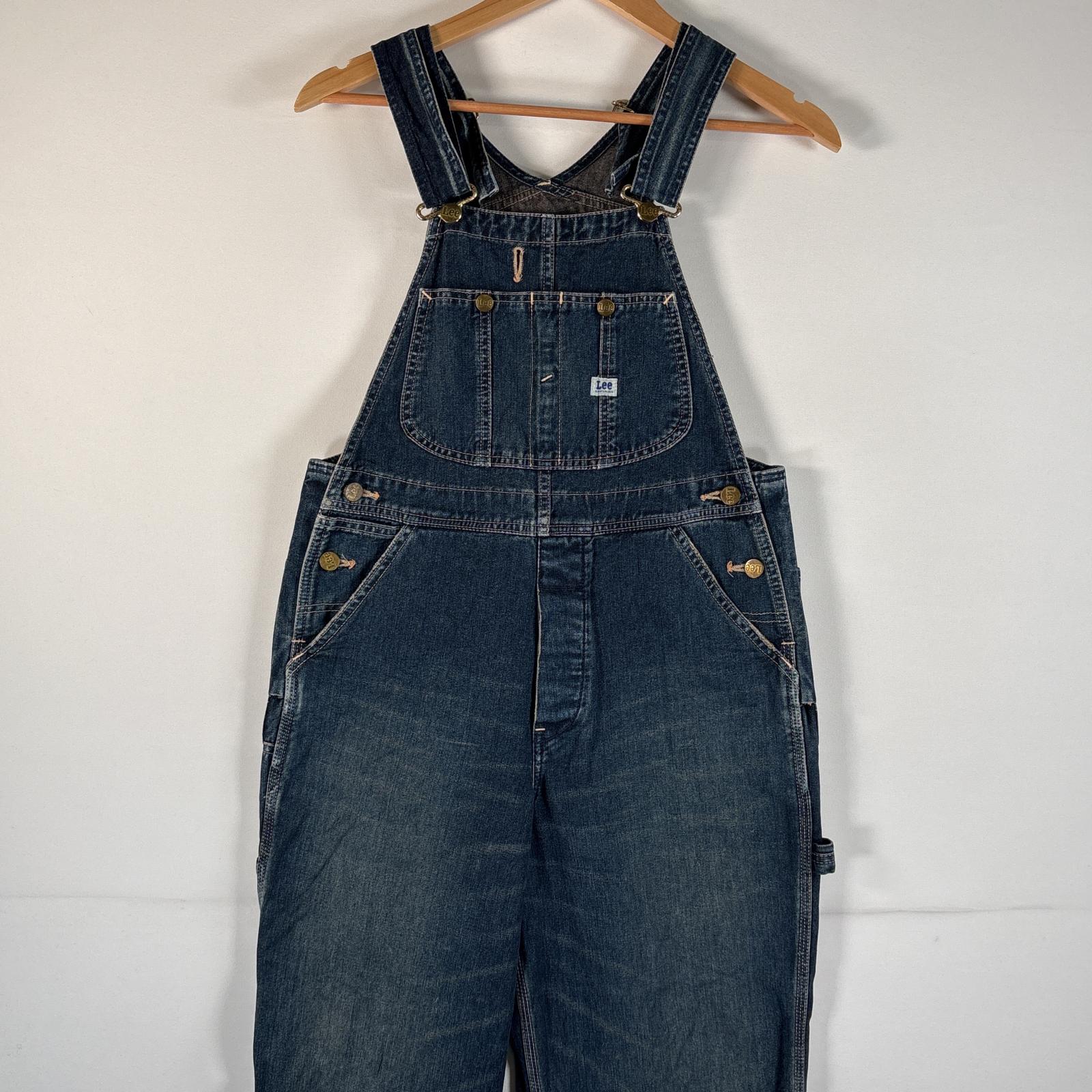 古着 リー Lee オーバーオール デニム ワーク ワンポイントロゴ ボタンフライ ハンマーループ サイドポケット w28 L33 ブルー系 メンズ