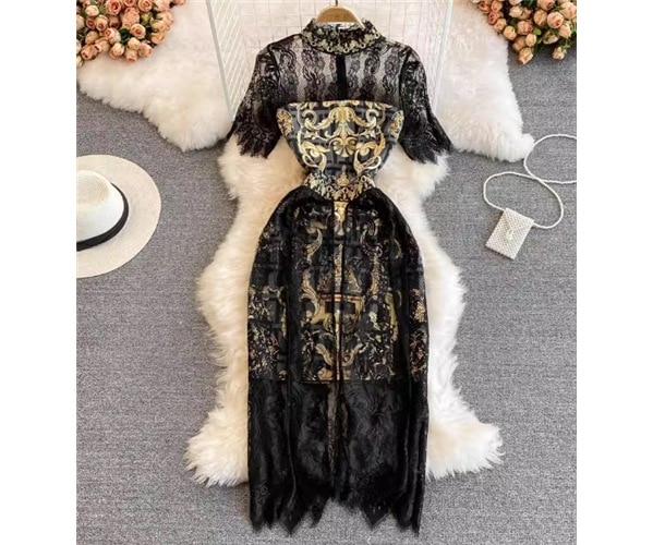 レディース ドレス ワンピース パーティードレス パーティー 発表会 ステージ 舞台 衣装 ホステス 膝下 ミモレ 半袖 スタンドカラー Aライン レース ファスナー ハイウエスト 透け感