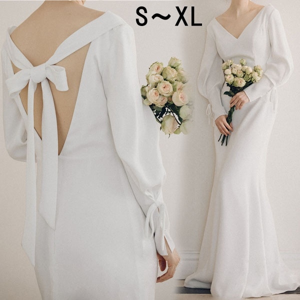 花嫁 ウェディングドレス ファスナー 長袖 Vネック シンプル マーメイドドレス 白ドレス ワンピース 花嫁 結婚式 二次会 披露宴 前撮り 後撮り 撮影用 ビーチフォト フォトウェディング 小さいサ