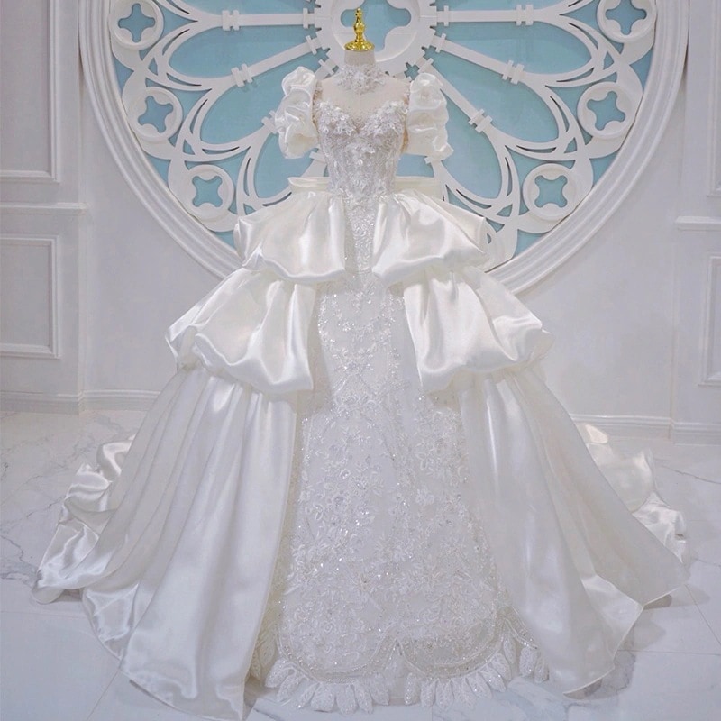 サテンメインウェディングドレス2025花嫁ハイエンド大型テールライト重工業ウェディングドレスレトロ小さい女性