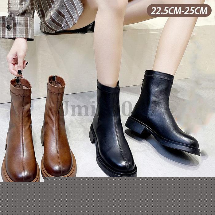 本革 ブーツ レディース 紐なし 黒 太ヒール ロング 抜水 ミドルブーツ 柔らかい 疲れない 厚底 アンクルブーツ 軽量 幅広 つま先 広い 裏起毛
