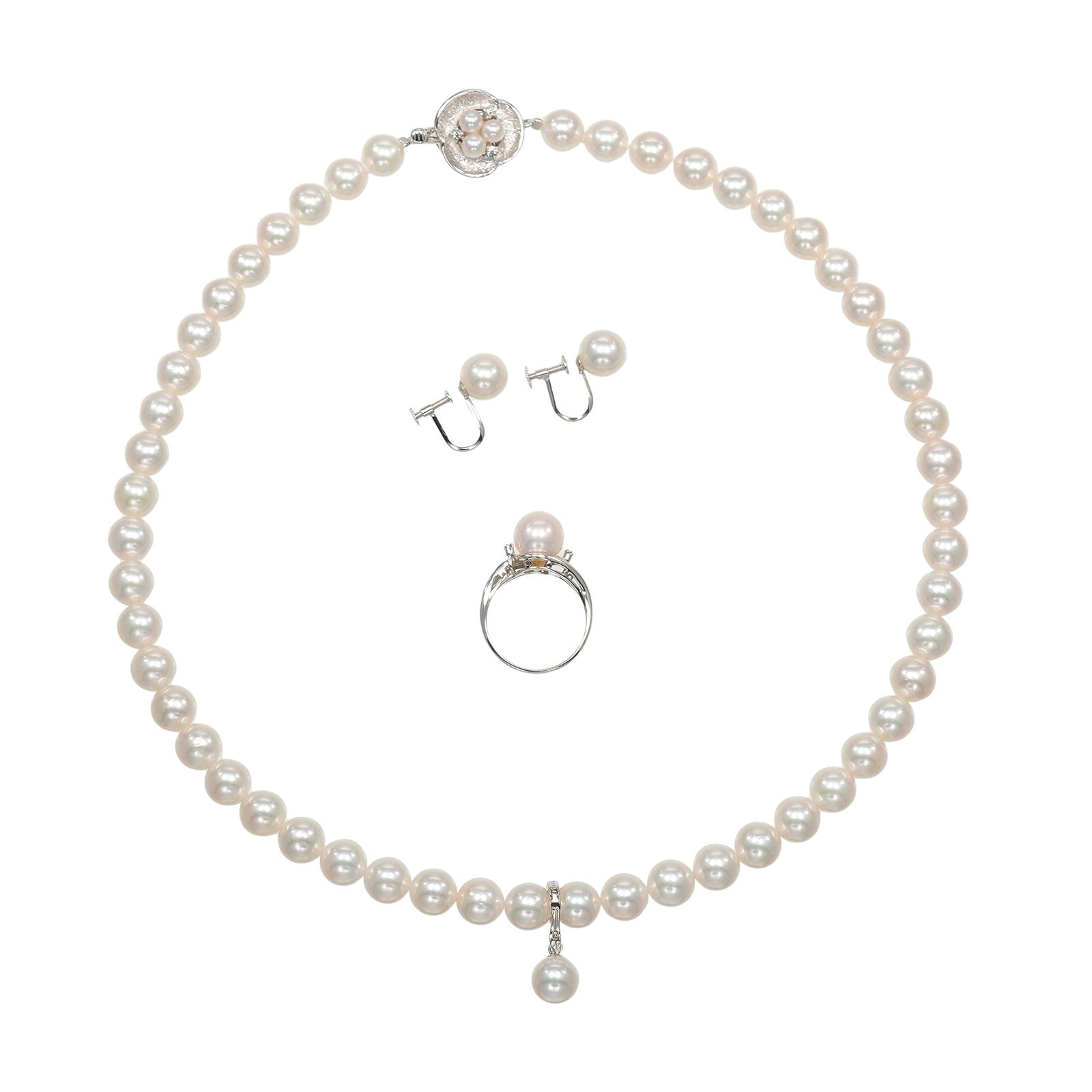 イヤリング＆リングセット ネックレス 7.5～8.0ｍｍ パール K14WG シルバー925 Pt900 約38.5g レディース 中古品 A-ランク