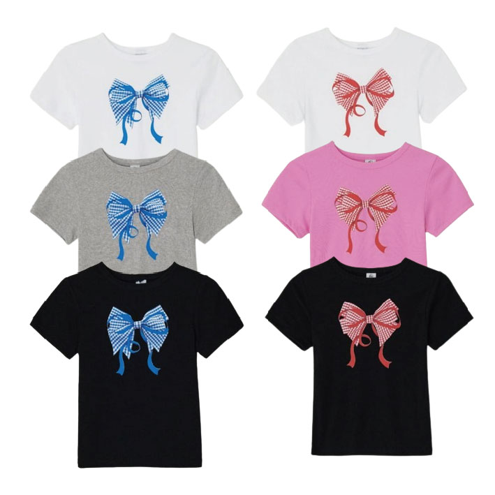 GINGHAM DOUBLE RIBBON SLIM CROP T SHIRT