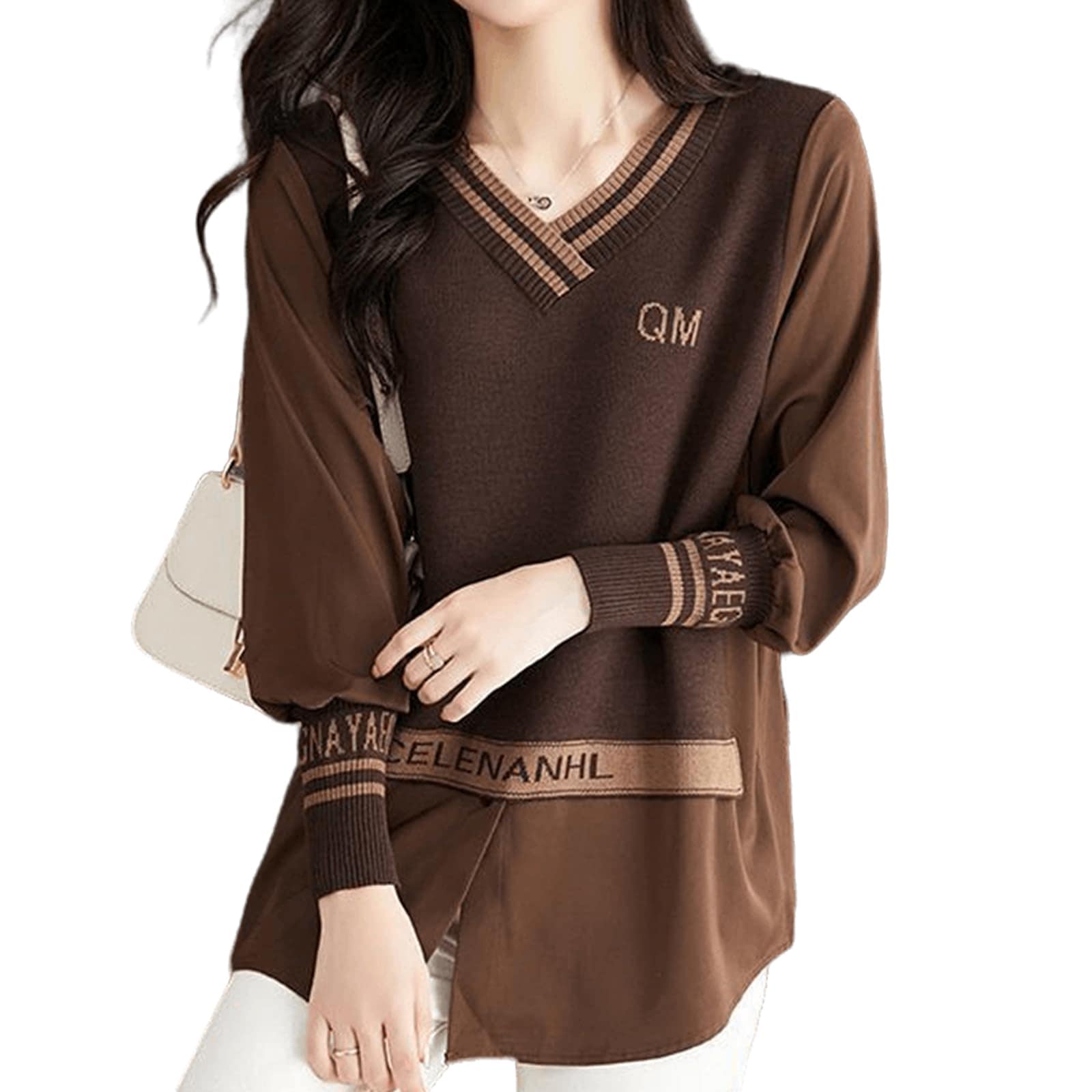 重ね着風 ニット トップス レディース ロング 切り替え Vネック セーター 長袖 レイヤード ブラウス 英字 きれいめ 秋 冬 春