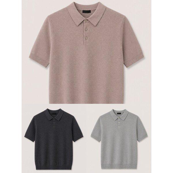 メンズ夏綿混紡ポロカラーネックニット半袖Tシャツ3色択1_JK