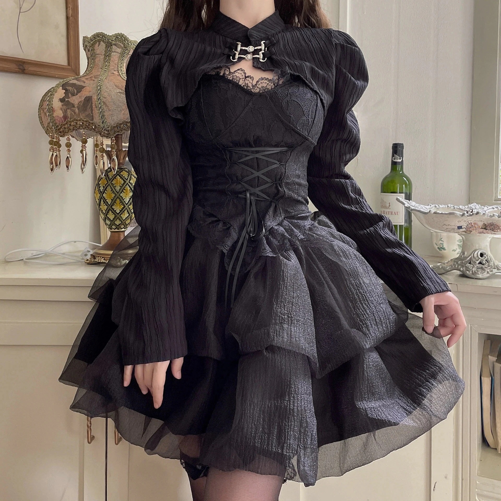 2025 ロリータ ドレス 二次元 かわいい ロリータ コスプレ 改良少女 長袖 ブラウス+カップ付きキャミソール トップス+スカート 3点セット