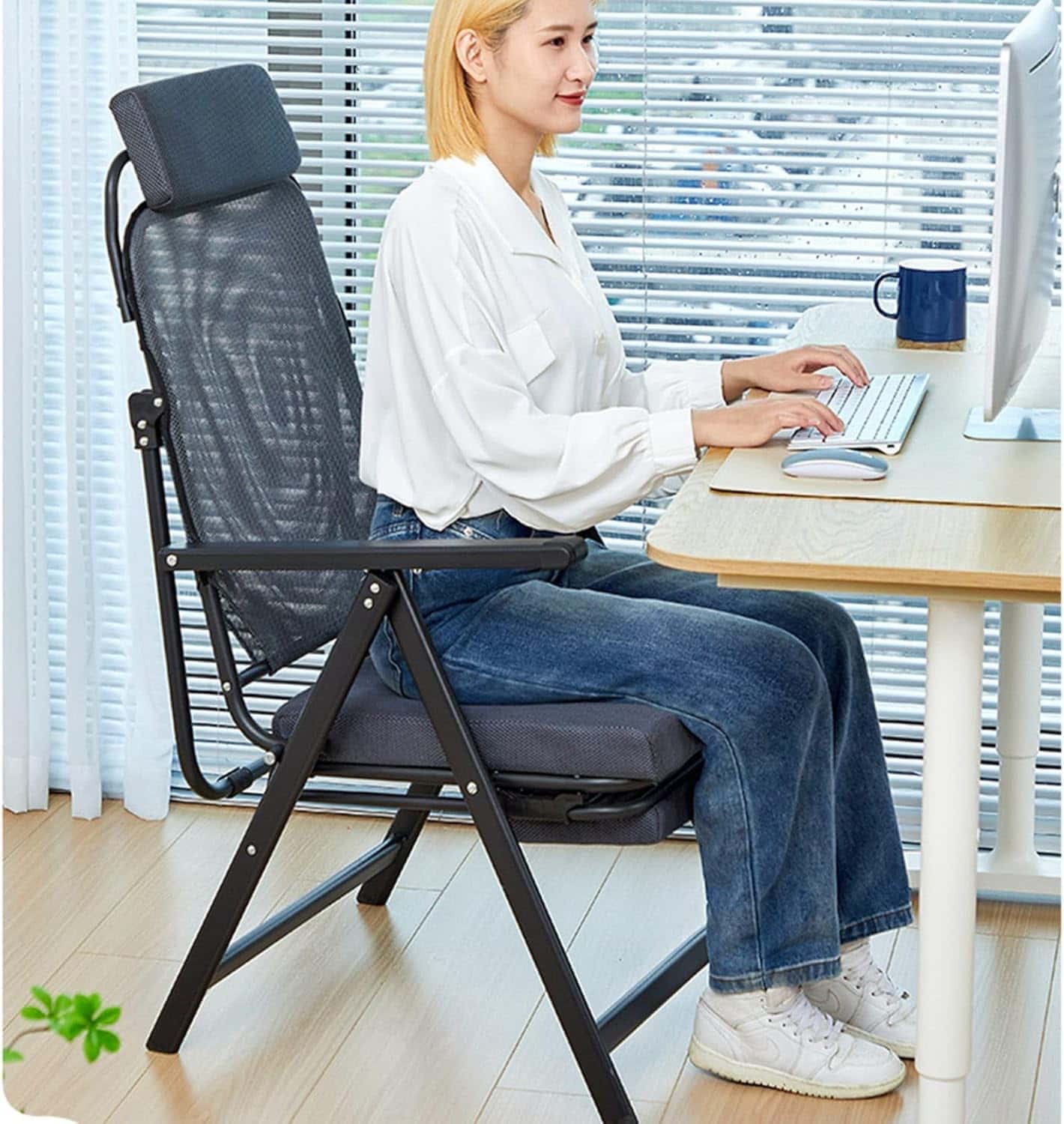 リクライニングチェア 折り畳み 一人用 オットマン付き 角度9段階調節 背もたれ 枕 肘掛け 無重力リラックスチェア サウナチェア 昼寝 昼休み 残業 オフィス コンパクト