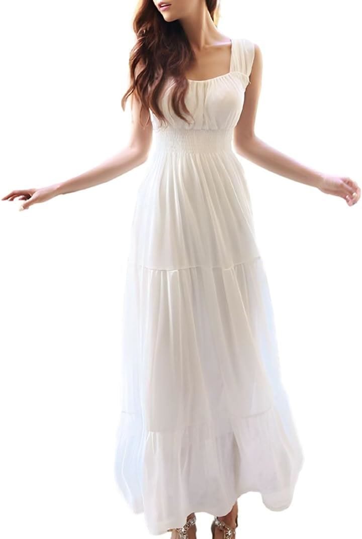 ティアードワンピース マキシ丈 裏地あり ウエストゴム ノースリーブ 無地 ロングワンピ JS81-WH-L( ホワイト, L)