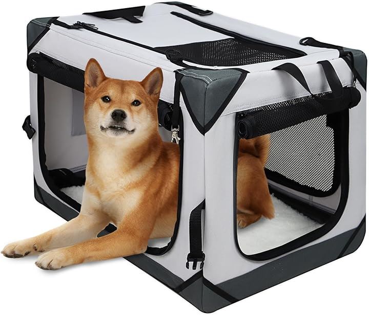 犬 キャリーケース 猫 キャリーバッグ 折り畳み ソフトクレート 犬用クレート ロック付き 給水ボトルバンド付き 洗濯可能 中型犬(ライトグレー, L)