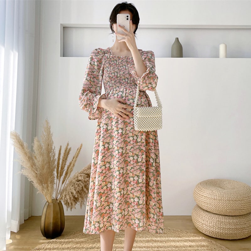 【送料無料】マタニティ ワンピース シャーリング 花柄 フラワー キャンディースリーブ