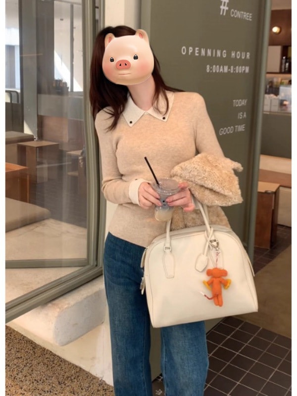 新入荷：フレンチスタイルの襟付きカラーブロックセーターレディース2025年秋冬の新スタイル今年人気のスリムフィットインナーベースシャツ