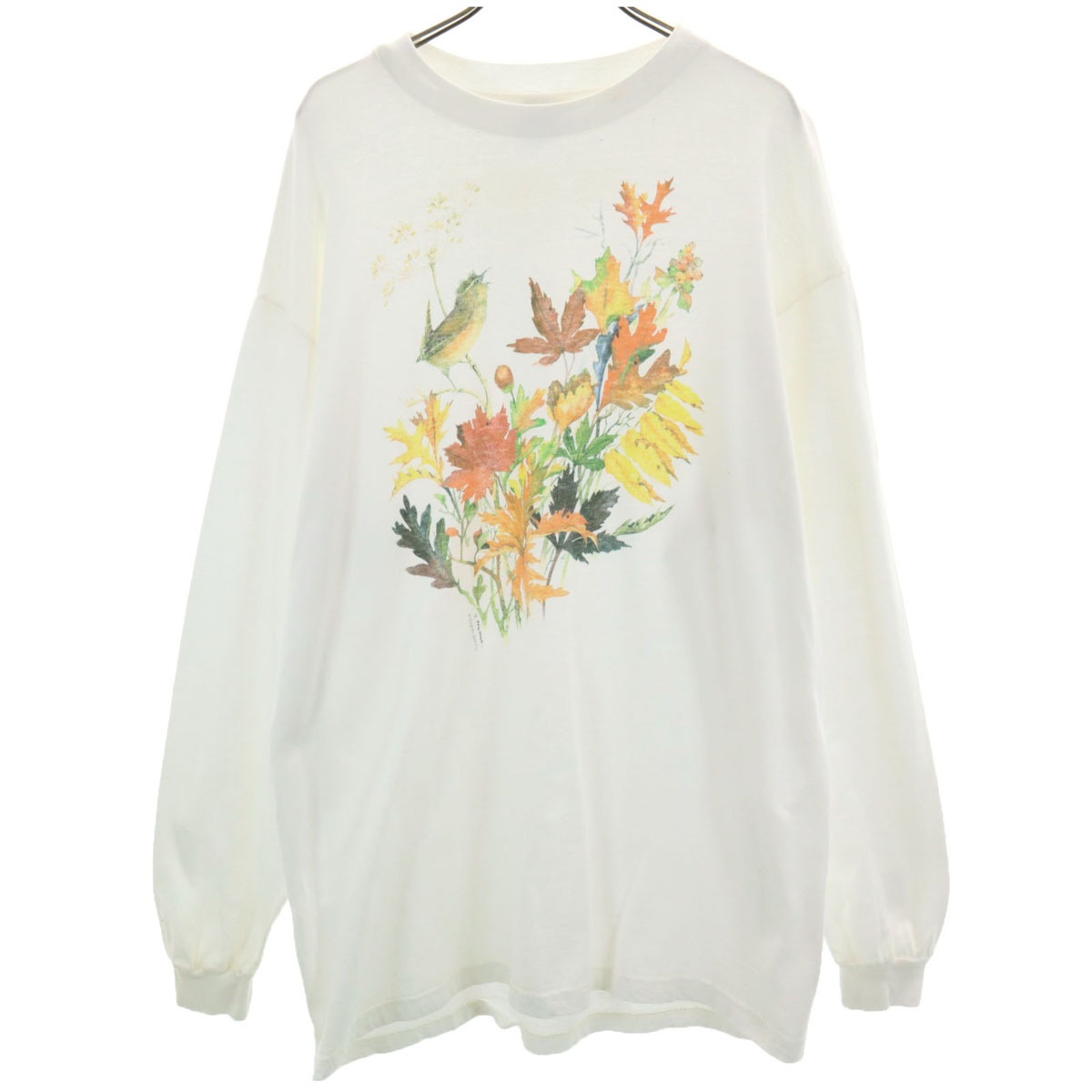 90s オールド 染み込みプリント アニマル柄 花柄 長袖 Tシャツ L ホワイト メンズ 古着
