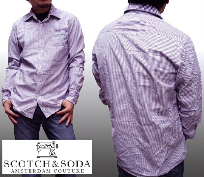 スコッチ&ソーダ スコッチアンドソーダ scotch&soda メンズ 長袖 シャツ ストライプ パープル ホワイト ダブルスナップボタン トップス カジュアル サーフ セレブ ストリート ヨーロピア