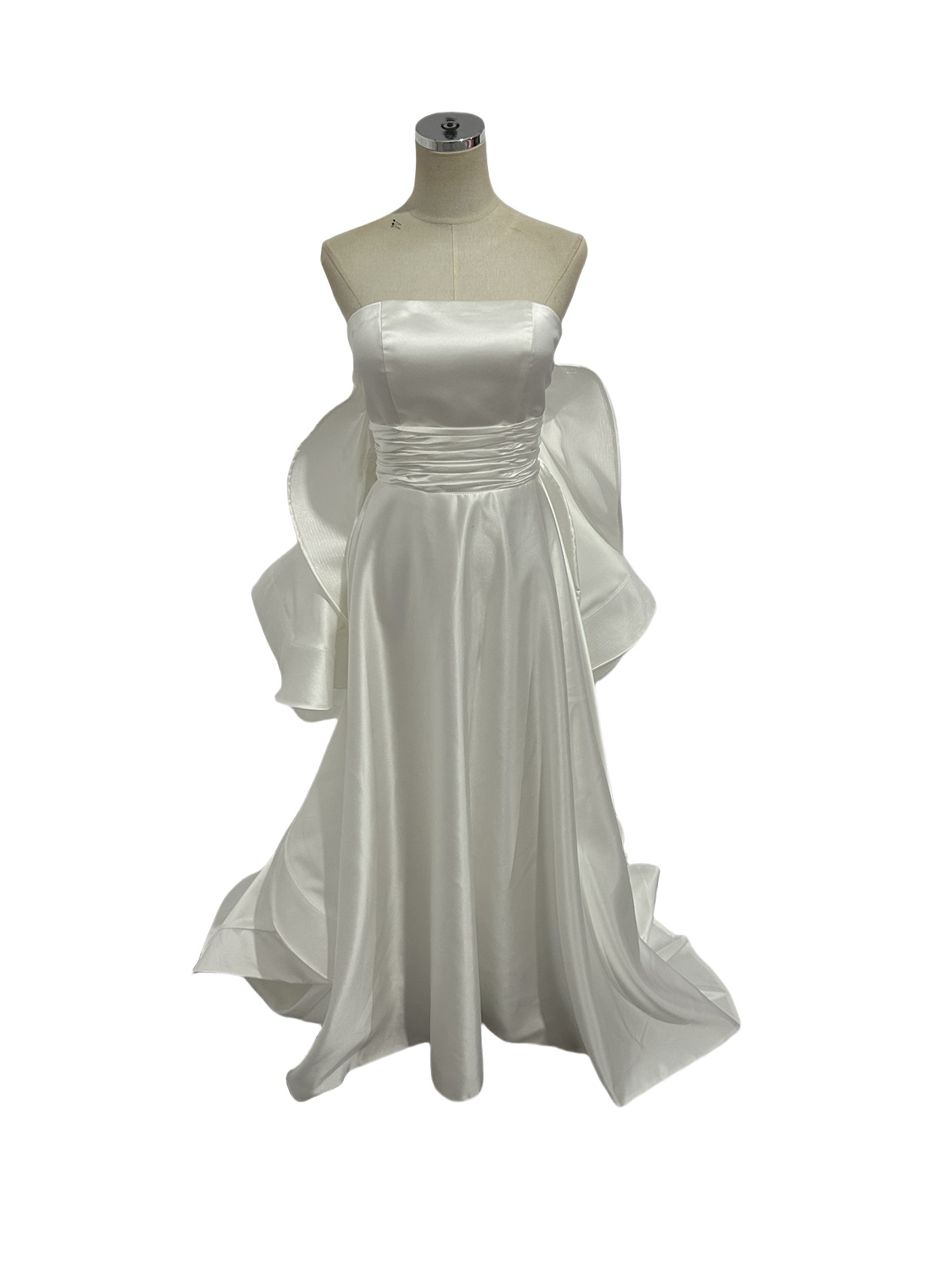 ウェディングドレス ベアトップ バックリボン ラッフルフリル エレガント 拳式