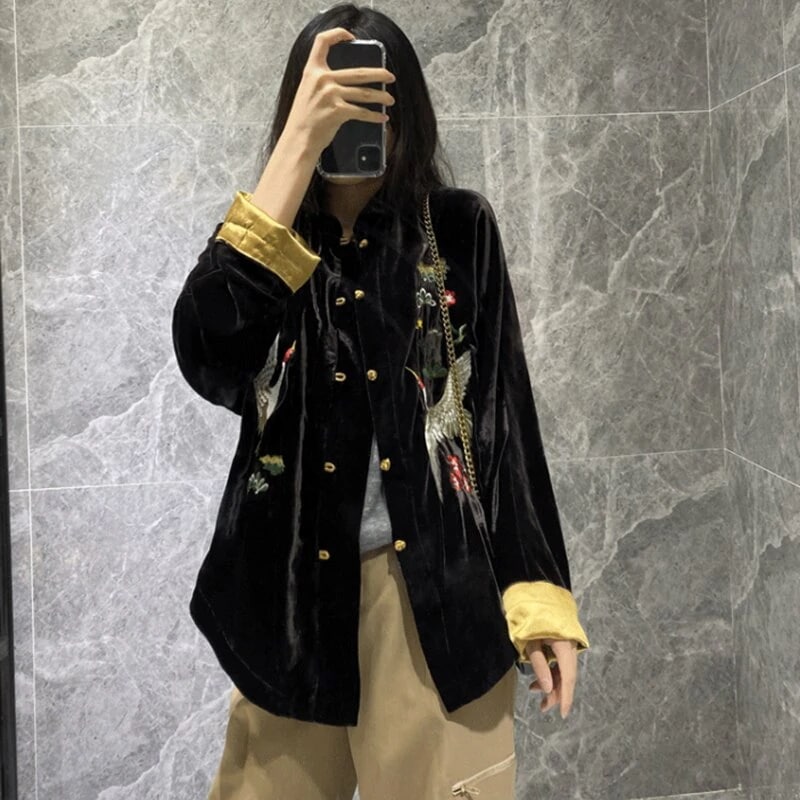 刺繍カーディガン チャイナ風ト今週の割引は 25% オフですップス ベルベットコート ルーズアウター 鶴刺繍 大きいサイズあり