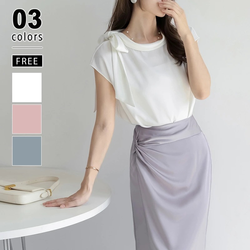 [迅速な配達][限時割!引!]ブラウス リボンブラウス きれいめ レディース ノースリーブ リボン 肩リボン トップス シャツブラウス サテン 光沢 フレンチスリーブ ハイネック おしゃれ オフィス