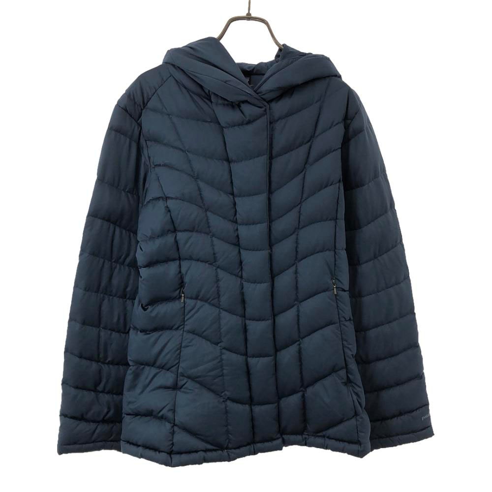 29600FA11 ロゴ刺繍 フード ダウンジャケット S ブルー ダブルジップ パーカー アウトドア レディース