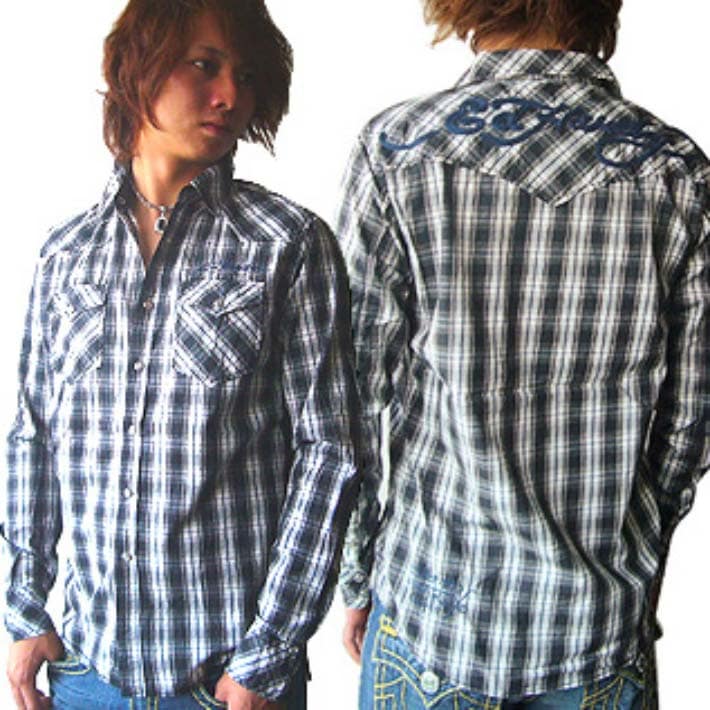 Mens Ed Hardy Western 　エドハーディー ウエスタン プラッド シャツ 　コバルト