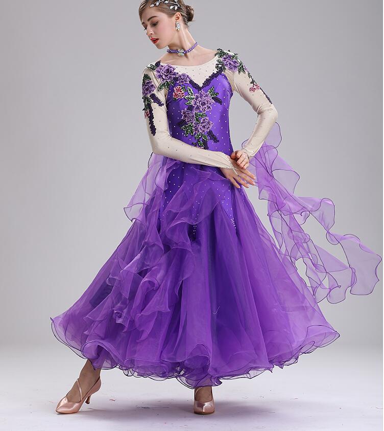 高級感 社交ダンス専用 ダンス ドレス 優雅 演出服競技用 ワルツドレス 高級感 エレガント ステージ衣装 踊りドレス イベント服スタンダードダンス 舞台 長袖 スパンコール シフォン 可愛い S/M