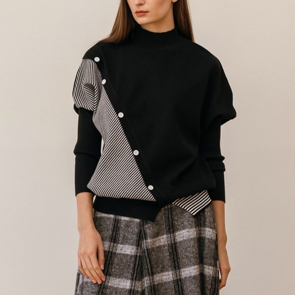 (Max Cartiggio) 斜めボタンストライプハーフポーラーニット