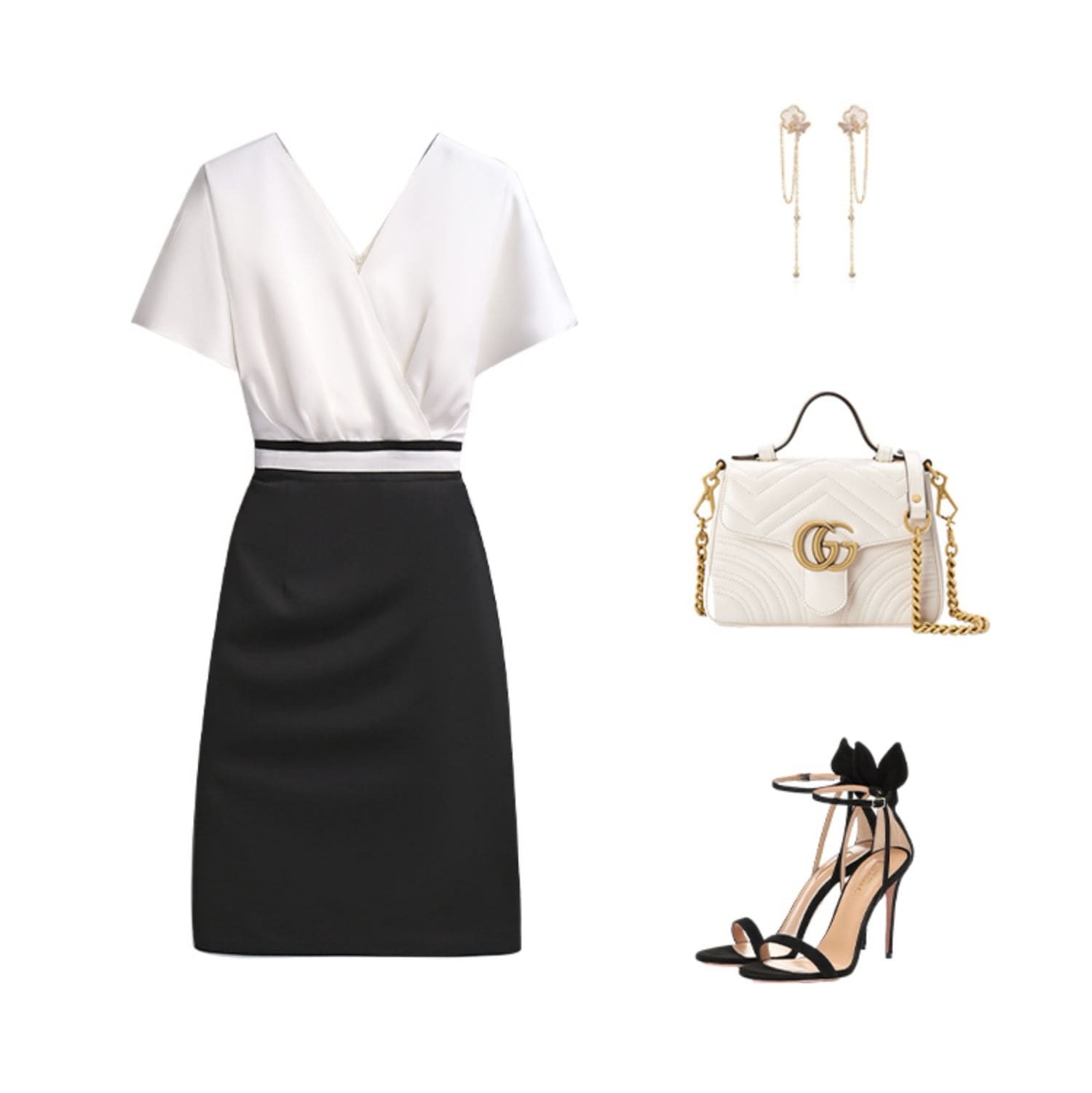 レディース ワンピース ドレス 膝丈 半袖 Vネック カシュクール スリム Aライン 切り替え ドッキング フェミニン スリムフィット ウエストマーク ハイウエスト 切り替えデザイン バイカラー 配色