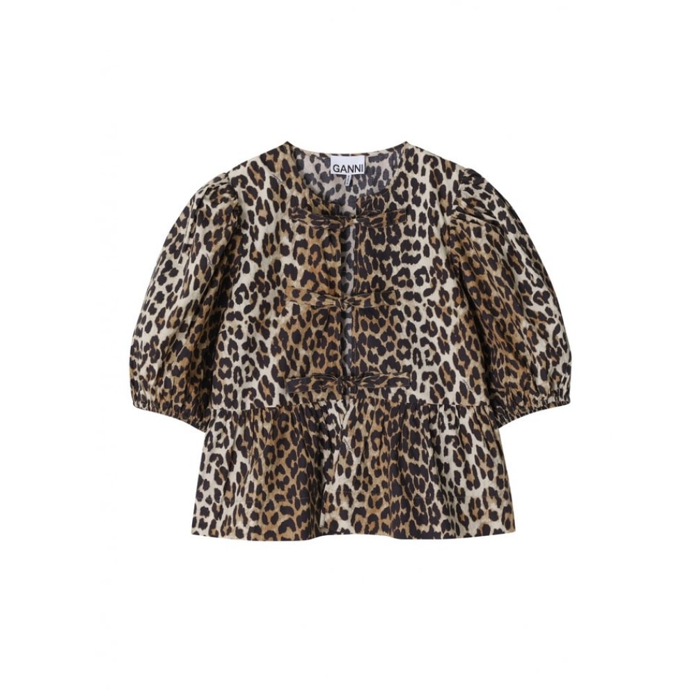 GANNI F9116 943 レオパードプリントポプリンペブルレディースシャツ