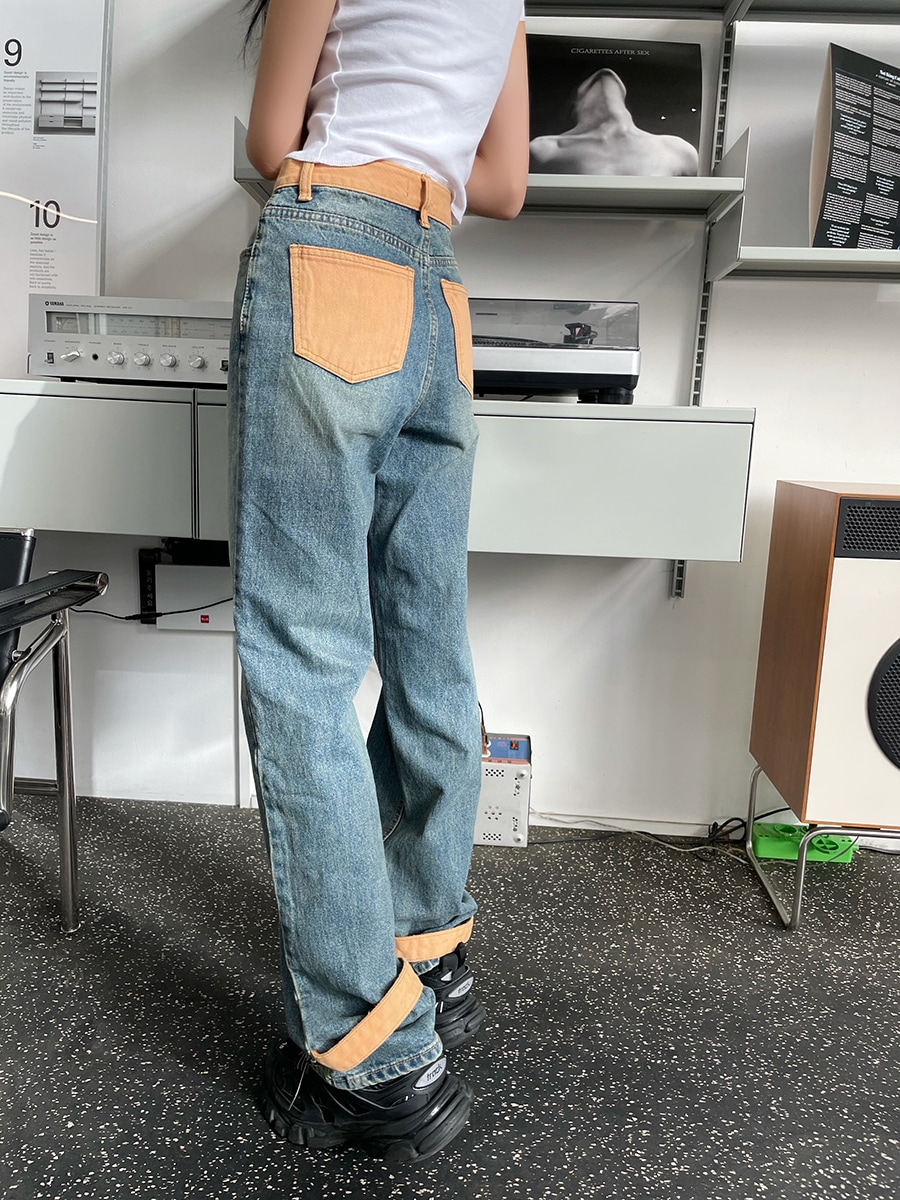 ラベルファンデザインジーンズ女性春夏ハイウエストストレートバレルスキニーロングパンツ パンツ Gパン ズボン デニムパンツ ロング丈 ストレート 切り替えデザイン ハイウエスト 大人可愛い きれいめ