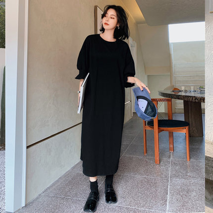 ワンピース レディース ロングスカート 袖あり 七分袖 ボリューム袖 クルーネック セミフレア