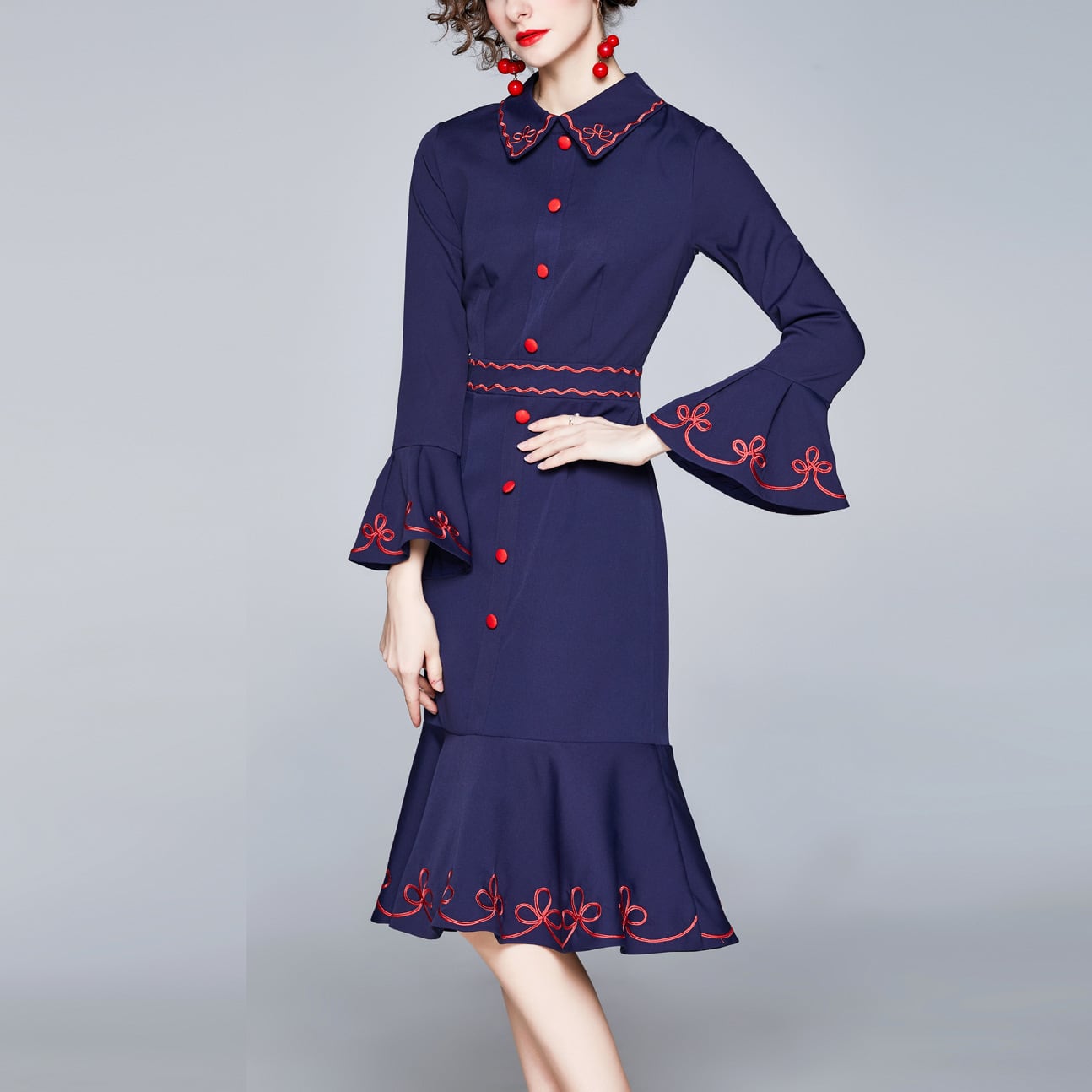 ワンピース 上着 人気 おすすめ おしゃれ お洒落 激安 安い プチプラ 長袖 ロング ハイネック マーメイドライン タイト ふんわり 膝丈 フリル コットン 綿 可愛い かわいい 韓国 l