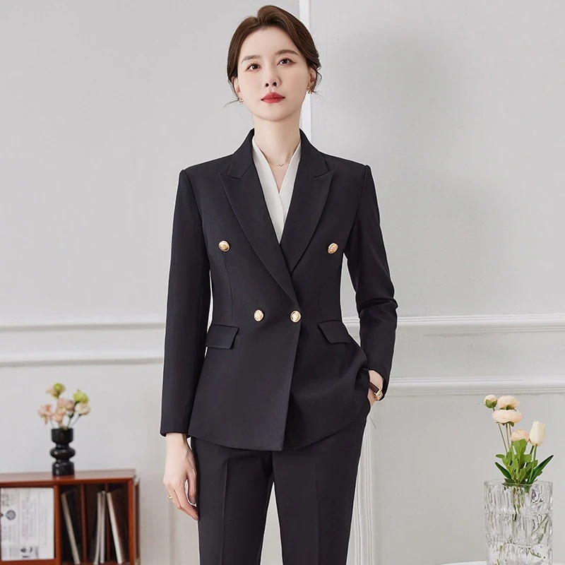 ブラックスーツジャケット 女性の春と秋のプロフェッショナルフォーマルウェア 公務員面接作業服スーツ