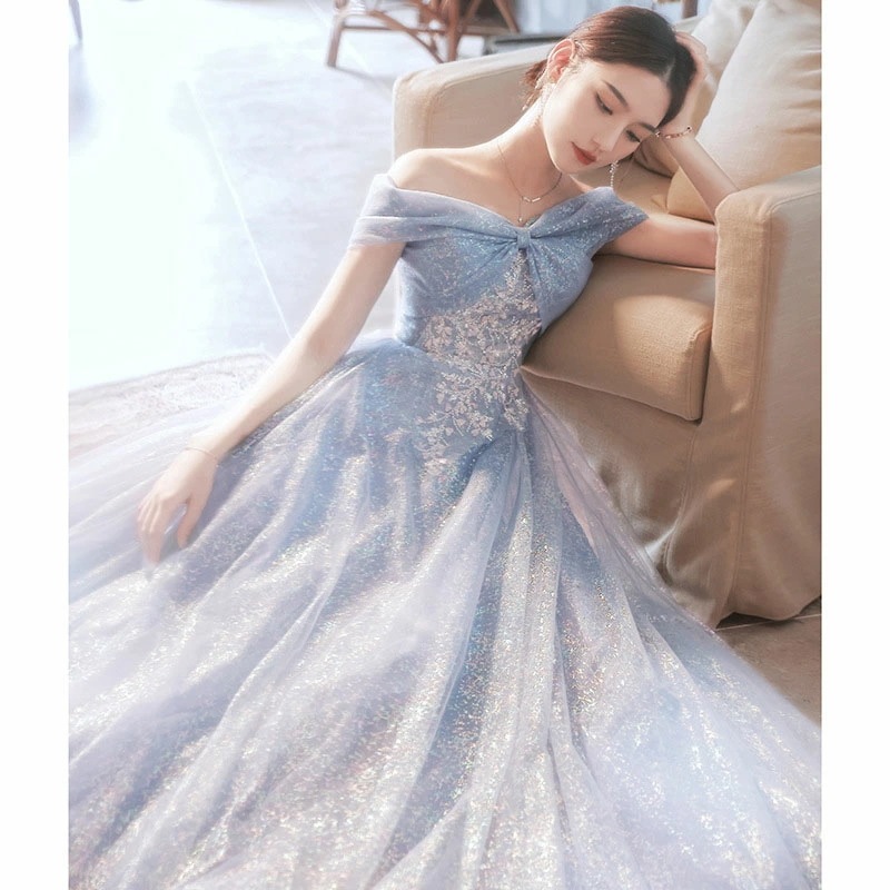 ウェディングドレス ウエディングドレス カラードレス カクテルドレス ロングドレス パーティードレス 発表会ドレス 演奏会 ステージドレス イブニングドレス ブルー オフショルダー 成人式 卒業式 編 8,010円