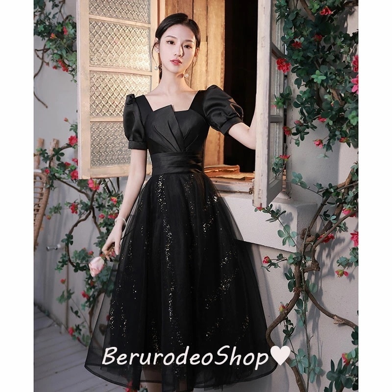 結婚式ドレス 二次会ドレス 黒 サテン お呼ばれドレス ブラック ミモレ丈ドレス パーティードレス Aライン ミディアム丈ドレス 結婚式 二次会 お呼ばれ 成人式ドレス 同窓会 謝恩会 XS S M