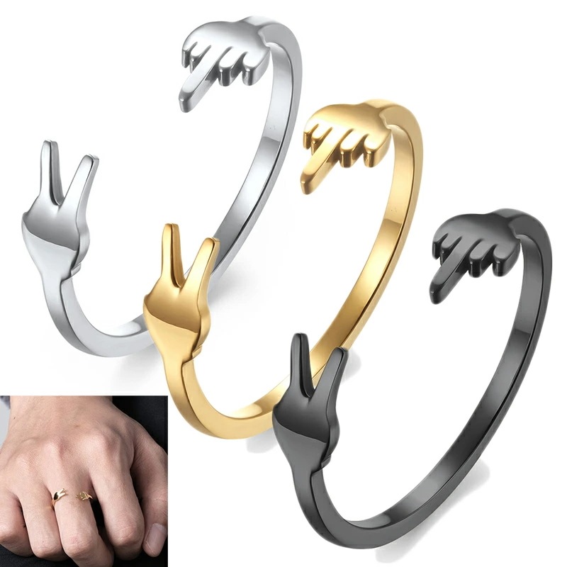挑発と平和 ファランジリング（ARB002）指輪 フリーサイズ 手 指 ピース チョキ 中指を立てた手 男性 女性 プレゼント 調整可能 ユニーク ステンレス 小指 足の指 r0014
