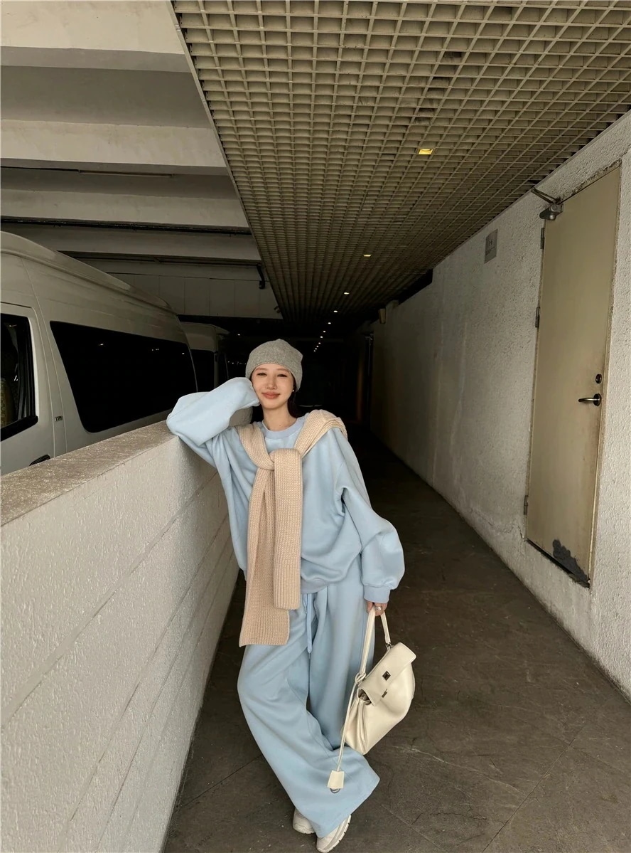 24 韓国 かわいい レディース 無地 普段使い長袖トップスレトロ 2点セット 黑白パーカーブルサイズ丈カジュアルスポーツファッション系通学学生袖お出かけセットアップシルエット上下羽織り