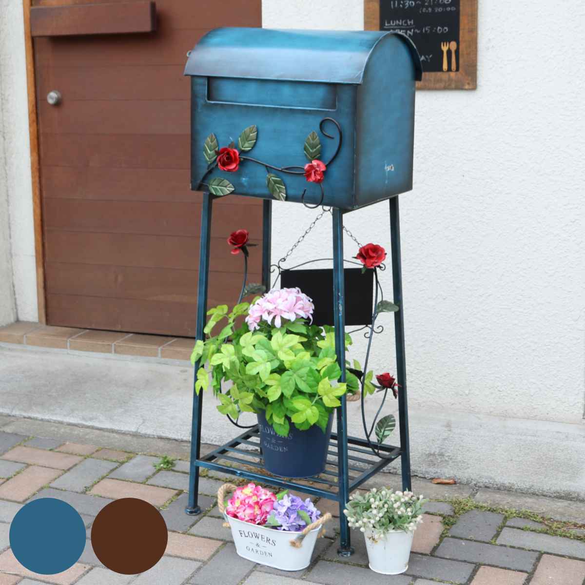 ポスト ローズ 横型 郵便ポスト ガーデンポスト スタンドポスト 郵便受け 置き型 スタンド型 新聞受け メールボックス 一戸建て 屋外 玄関 自立式 アンティーク風 ラック 棚付き バラ おしゃれ