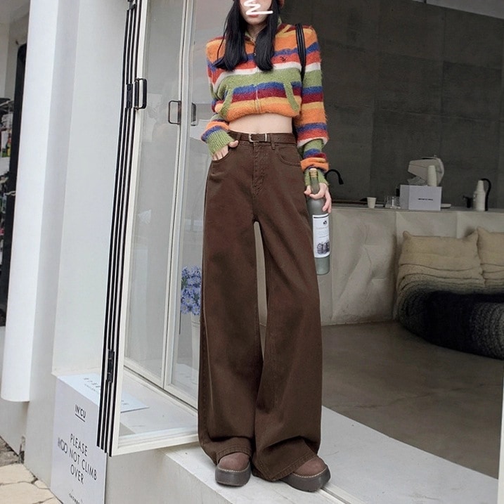 小柄な女性のためのMerladブラウンデニムジーンズストレートレッグルーズフィットレトロスタイルフリースライニングワイドレッグデニムパンツ