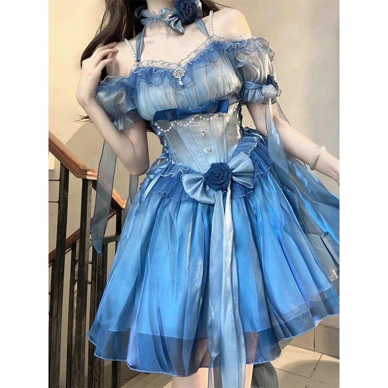 青いウェディングロリータドレスライトロープリンセススカートエレガントな女性美しい短いスカート