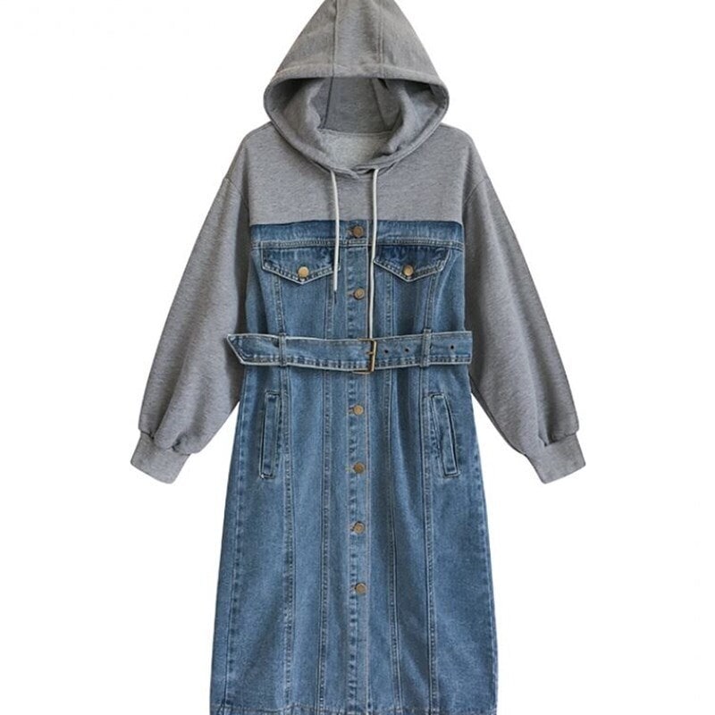 デニムワンピース フーディ フード付き パーカー ドッキング 異素材 MIX レディース ワンピース ゆったり 大きいサイズ ひざ丈 ミディ丈 スカート フード付き パーカー ブラック グレー 袖あり