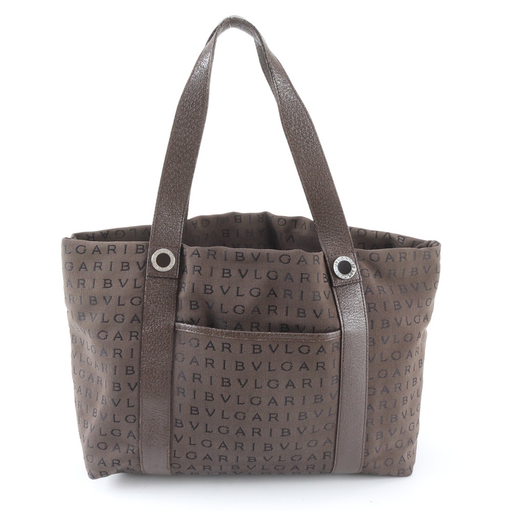 美品 ロゴマニア レザー×キャンバス トート バッグ ショルダー ビジネス 通勤 書類鞄 ブラウン 茶色 A4 メンズ レディース WBM EE36-4 中古