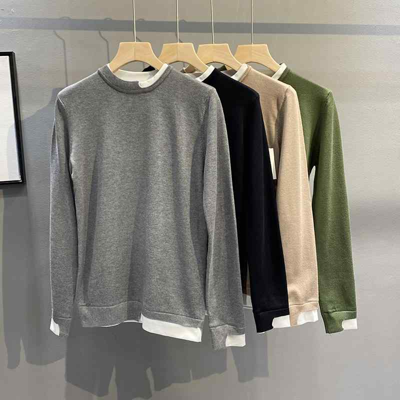 メンズ 服 シンプル ファッション オシャレ 大人 かっこいい 大きいサイズ ストリート 紳士服 秋冬 ラウンドネック セーター スリムフィット カジュアル フェイク ツーピース 薄手 ベース コート