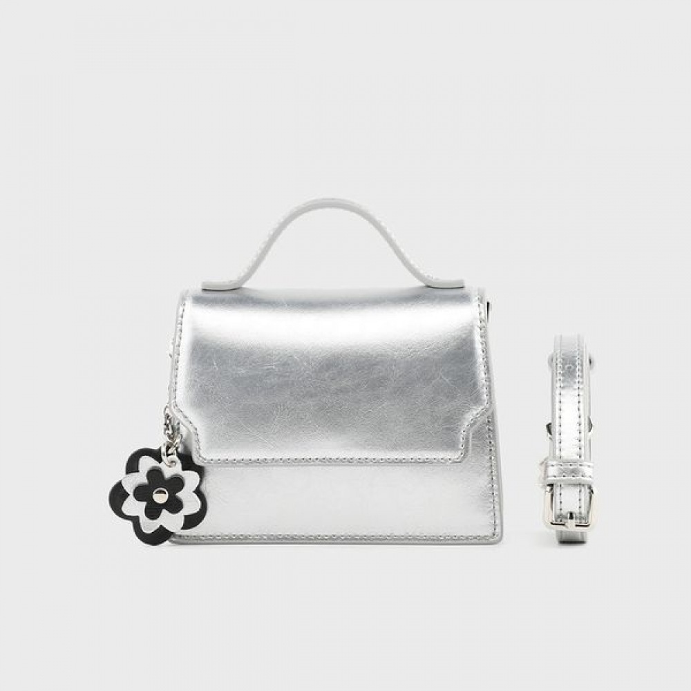 [モンサック] モンサックプリン牛革スクエアミニクロスバッグシルバー AL18-2811-SI