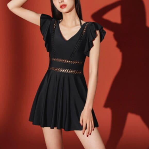 水着 かわいい 大人可愛い きれいめ セクシー sexy シンプル カジュアル ゴージャス 華やか Vネック ホルターネック フリル ミニ丈　体型カバー 透け感　ブラック XL ママ 海 プール 夏