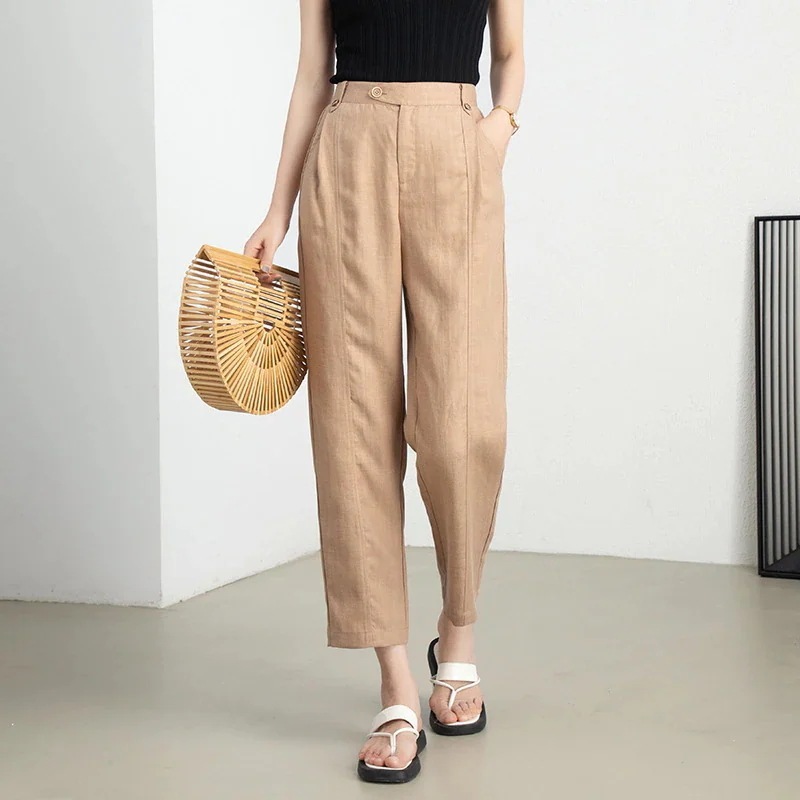 新ンパンツ天糸亜麻大きいサイズ 九分ハーレムパンツ脚長効果夏の薄い通気性スラックスパンツ ひんやりボトムス