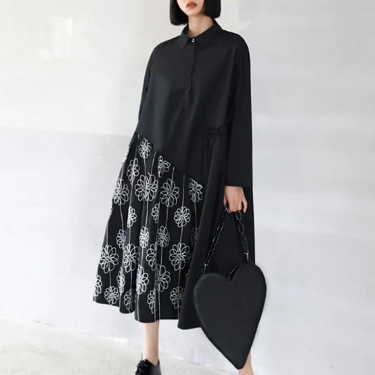 個性 不規則 デザイン フラワープリント シャツワンピース 長袖 可愛い