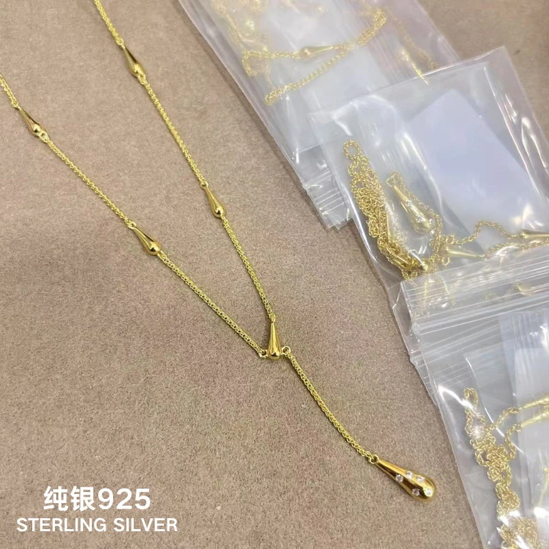 スターリングシルバーS925ヴィンテージスリムウエストフレンチエレガンスY字型ネックレスセーターチェーンミニマリストウォータードロップライトラグジュアリー
