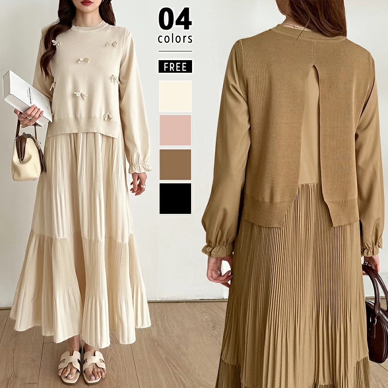 [迅速な配達][限時割!引!]ベスト付きワンピース ワンピース リボンベスト セット レディース プリーツワンピース リボン ベスト アンサンブル ティアードワンピース 長袖 ロングワンピース ニット