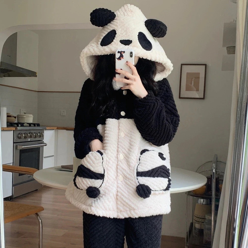 着ぐるみパジャマ可愛いパンダコーラルフリース裏起毛上下セットフランネルモコモコパジャマ長袖上下セットファスナー付きルームウェアセットアップレディース福袋