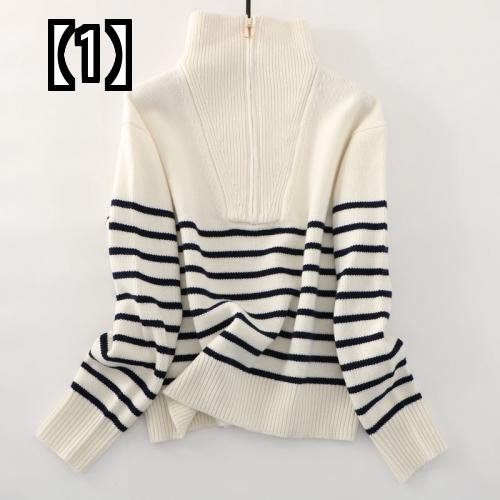 ニット レディース セーター トップス 秋冬 ハーフジップ ウール 厚手 スリム 長袖 ボーダー 白 紺 8,932円
