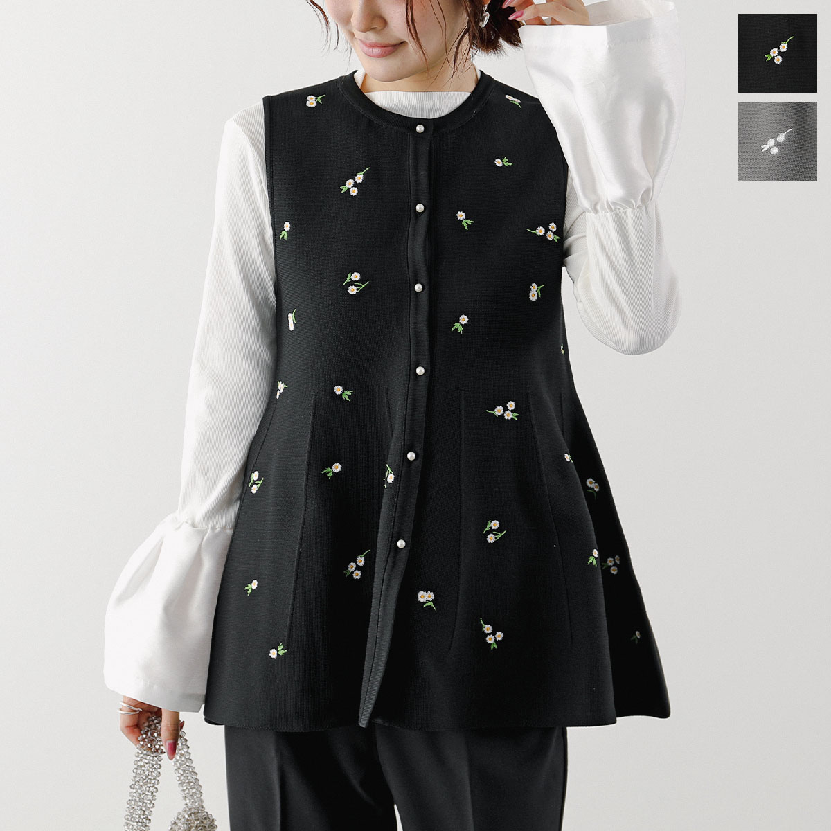 Mewl ミュール ベスト M253-95030 レディース ニット フラワー 刺 ジレ 花柄 ペプラム ノースリーブ カラー2色 【ts】