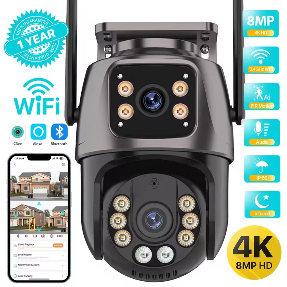 4K 8MP WiFi PTZ 防犯カメラ 屋外 4MP デュアルレンズ AI自動追跡 音声録画 CCTV 監視 iCSee